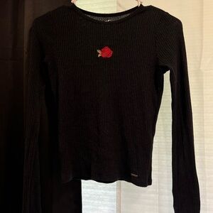 Hollister Black Fitted Long Sleeve Tee with Red Rose